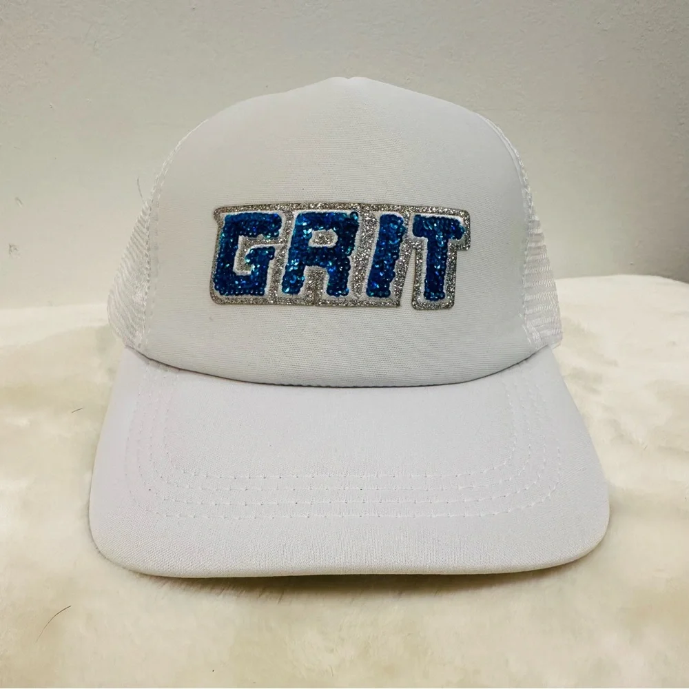 Detroit lions Grit trucker hat! with Blue sequin GRIT Logo!